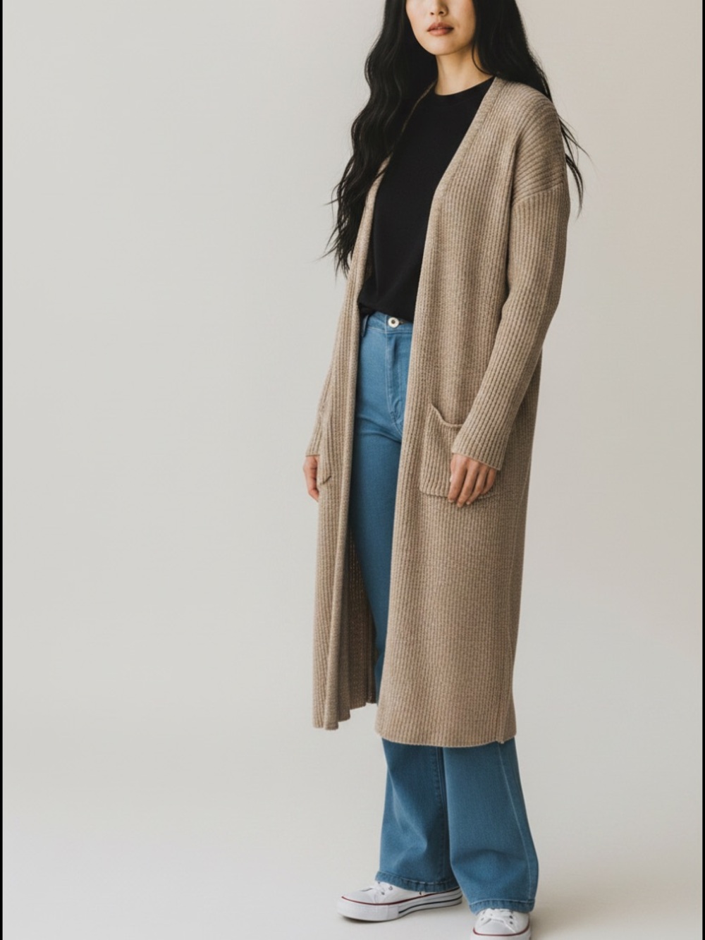 Mod Ref Long Open-Front textured cotton long Cardigan Sweater in beige tan